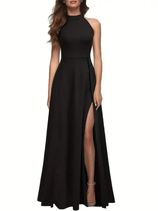 Women's Halter Neck Deep Slit Detailed Full Length Imported Crepe Evening Dress - 4
