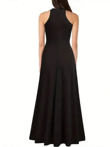 Women's Halter Neck Deep Slit Detailed Full Length Imported Crepe Evening Dress - 6