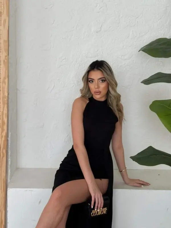 Women's Halter Neck Deep Slit Detailed Full Length Imported Crepe Evening Dress - 5