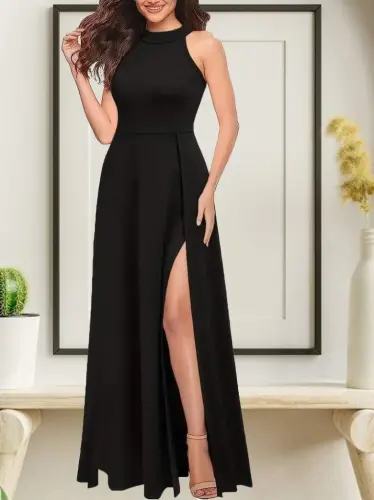 Women's Halter Neck Deep Slit Detailed Full Length Imported Crepe Evening Dress - 3