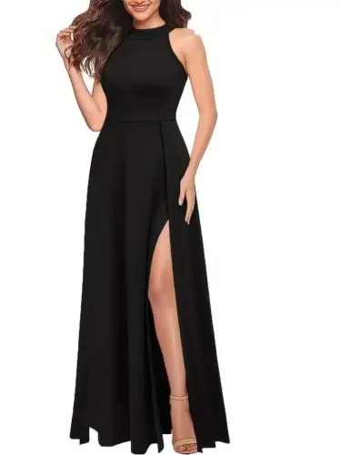 Women's Halter Neck Deep Slit Detailed Full Length Imported Crepe Evening Dress - 5