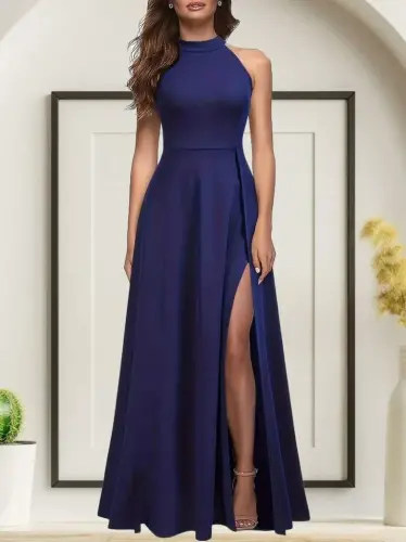 Women's Halter Neck Deep Slit Detailed Full Length Shimmer Crepe Evening Dress - 1