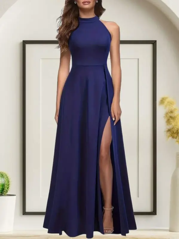 Women's Halter Neck Deep Slit Detailed Full Length Shimmer Crepe Evening Dress - BÜYÜKBEDENIZ