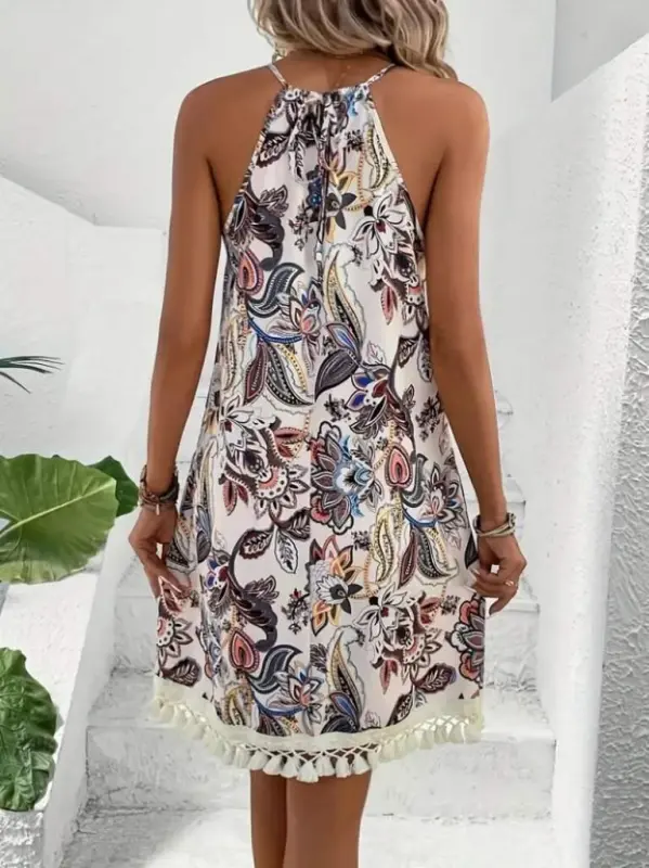 Women's Halter Neck Fringe Tie Floral Dress - 3