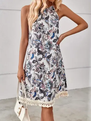 Women's Halter Neck Fringe Tie Floral Dress - 4