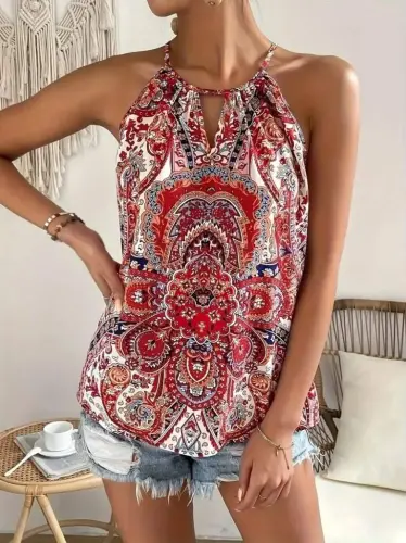 Women's Halter Sleeved Drop Detailed Patterned Supreme Blouse - 4