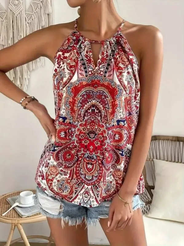 Women's Halter Sleeved Drop Detailed Patterned Supreme Blouse - 4