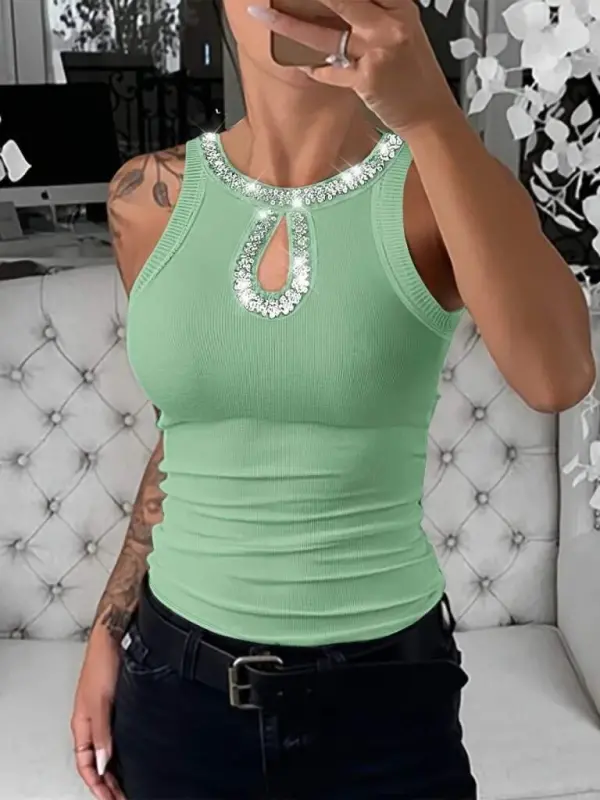 Women's Halter Sleeved Round Stone Collar Dropped Detailed Ribbed Blouse - 2