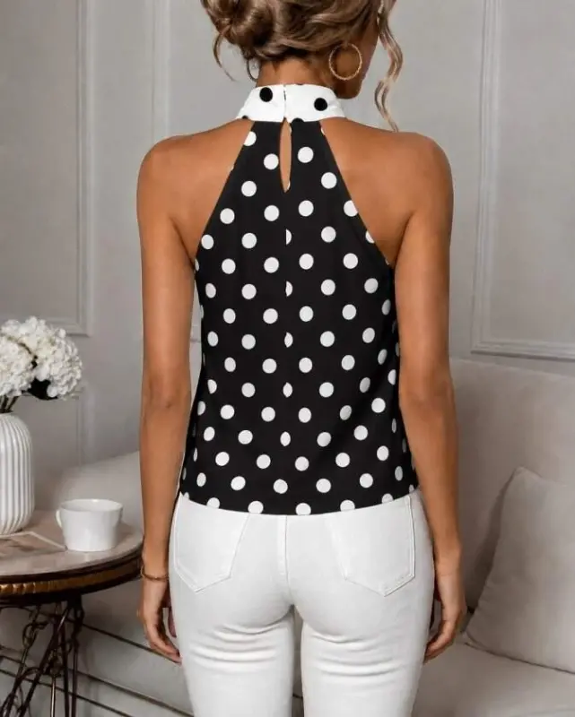 Women's Halterneck Off-the-Shoulder Patterned Polka Dot Jersey Blouse - 2