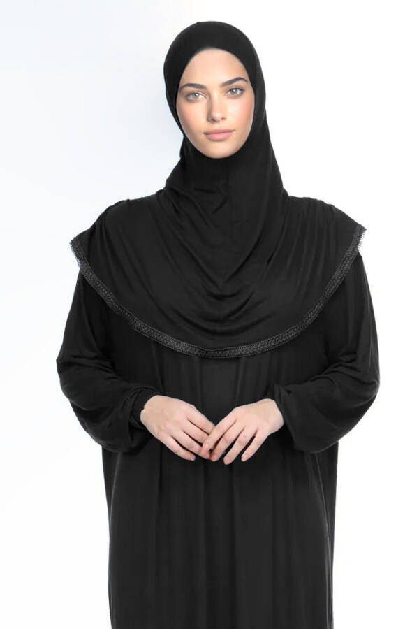 Women's Headscarf Prayer Dress with Cotton Bonnet Lace One-Piece T-Shirt Fabric Black - 1