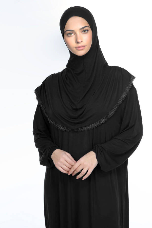 Women's Headscarf Prayer Dress with Cotton Bonnet Lace One-Piece T-Shirt Fabric Black - 4