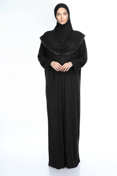 Women's Headscarf Prayer Dress with Cotton Bonnet Lace One-Piece T-Shirt Fabric Black - SONBAHARMODA