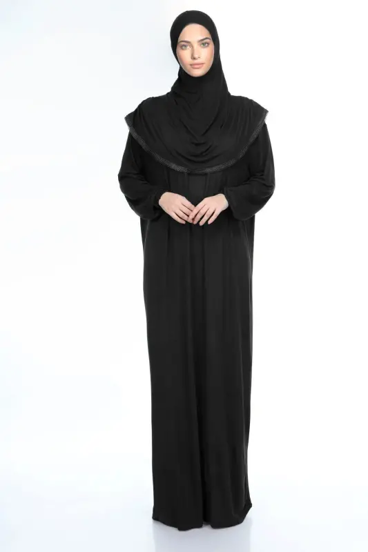 Women's Headscarf Prayer Dress with Cotton Bonnet Lace One-Piece T-Shirt Fabric Black - 3