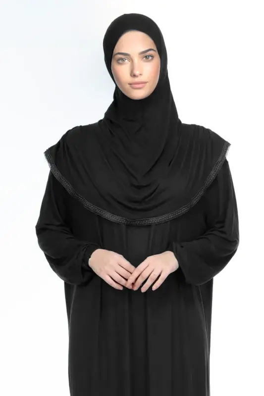Women's Headscarf Prayer Dress with Cotton Bonnet Lace One-Piece T-Shirt Fabric Black - 4