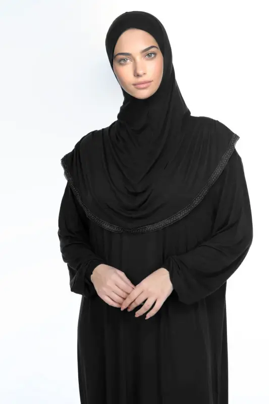 Women's Headscarf Prayer Dress with Cotton Bonnet Lace One-Piece T-Shirt Fabric Black - 7