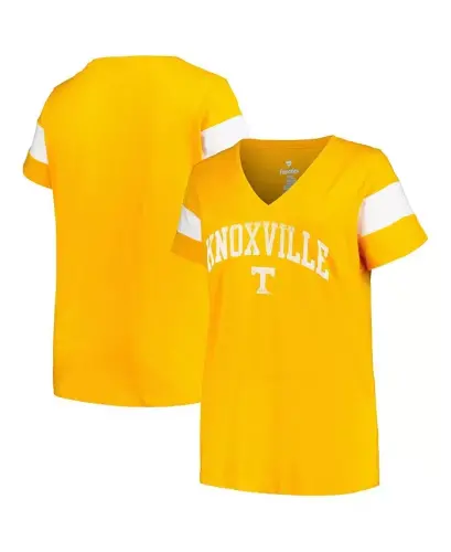 Women's Heather Tennessee Orange Tennessee Volunteers Plus Size Arched City Sleeve Stripe V-Neck T-shirt-Heather Tennessee Orange - 1