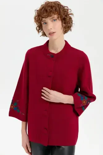 Women's High Neck Embroidered Collar and Sleeve Short Wool Jacket V.Rot-V.Rot - 1