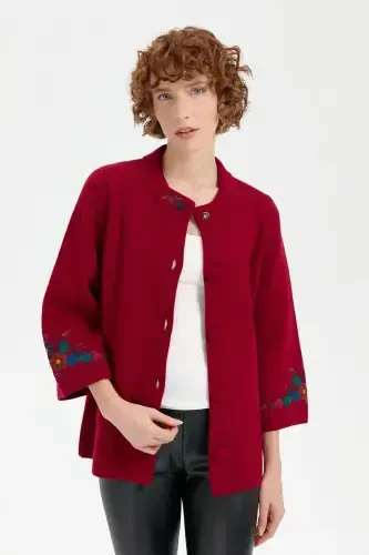 Women's High Neck Embroidered Collar and Sleeve Short Wool Jacket V.Rot-V.Rot - DESEN TRIKO (1)