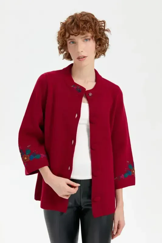 Women's High Neck Embroidered Collar and Sleeve Short Wool Jacket V.Rot-V.Rot - 2