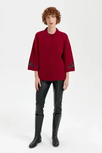 Women's High Neck Embroidered Collar and Sleeve Short Wool Jacket V.Rot-V.Rot - 3