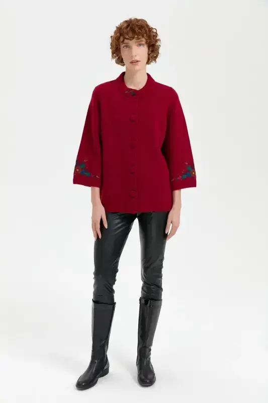 Women's High Neck Embroidered Collar and Sleeve Short Wool Jacket V.Rot-V.Rot - 3