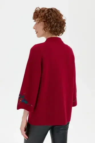 Women's High Neck Embroidered Collar and Sleeve Short Wool Jacket V.Rot-V.Rot - 4