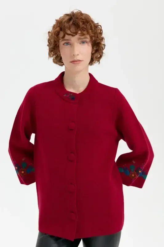 Women's High Neck Embroidered Collar and Sleeve Short Wool Jacket V.Rot-V.Rot - 5