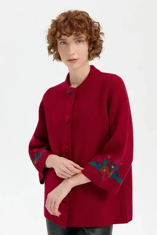 Women's High Neck Embroidered Collar and Sleeve Short Wool Jacket V.Rot-V.Rot - 6