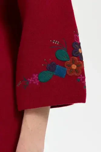 Women's High Neck Embroidered Collar and Sleeve Short Wool Jacket V.Rot-V.Rot - 7