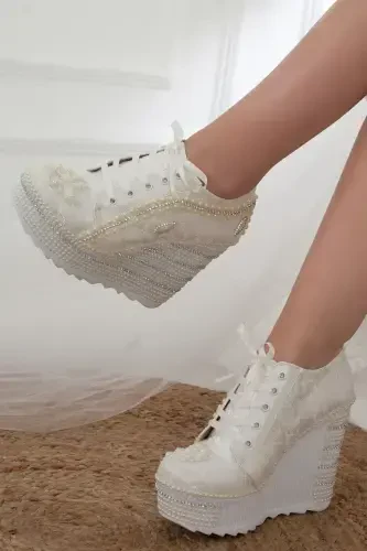 Women's High Platform Wedding Shoes-BEIGE - 3