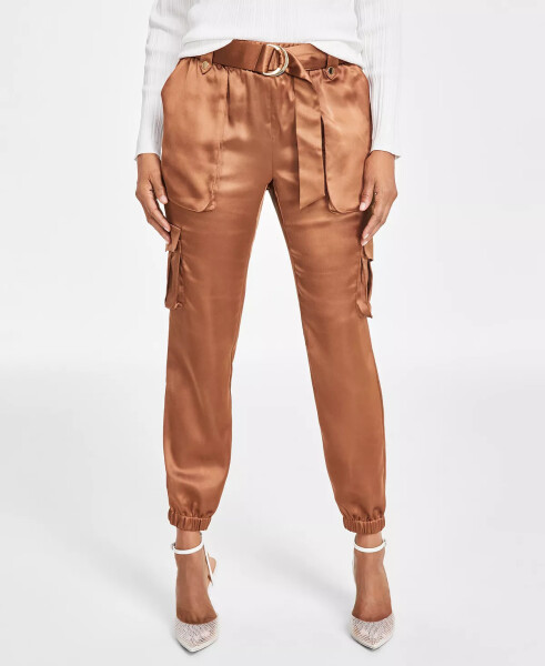 Women's High-Rise Belted Satin Cargo Pants, Regular & Petite, Created for Modazone Brown Saira - 1