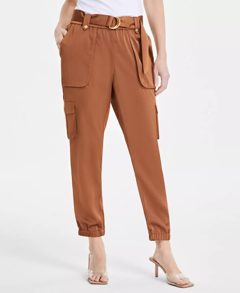 Women's High-Rise Belted Satin Cargo Pants, Regular & Petite, Created for Modazone Brown Saira - 3