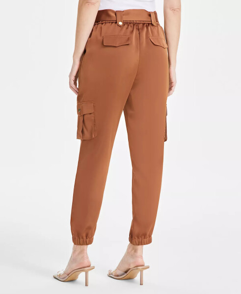 Women's High-Rise Belted Satin Cargo Pants, Regular & Petite, Created for Modazone Brown Saira - 4