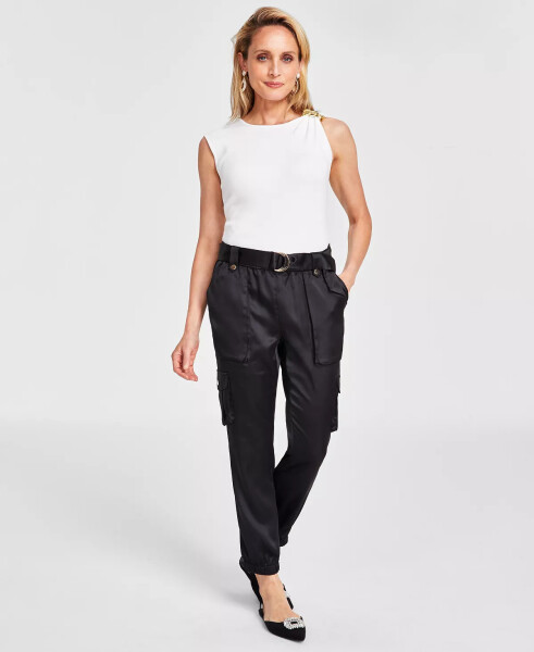 Women's High-Rise Belted Satin Cargo Pants, Regular & Petite, Created for Modazone Deep Black - 1