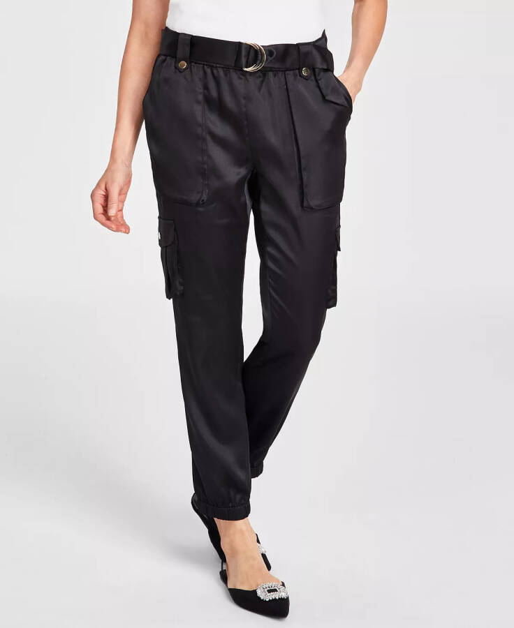 Women's High-Rise Belted Satin Cargo Pants, Regular & Petite, Created for Modazone Deep Black - 2