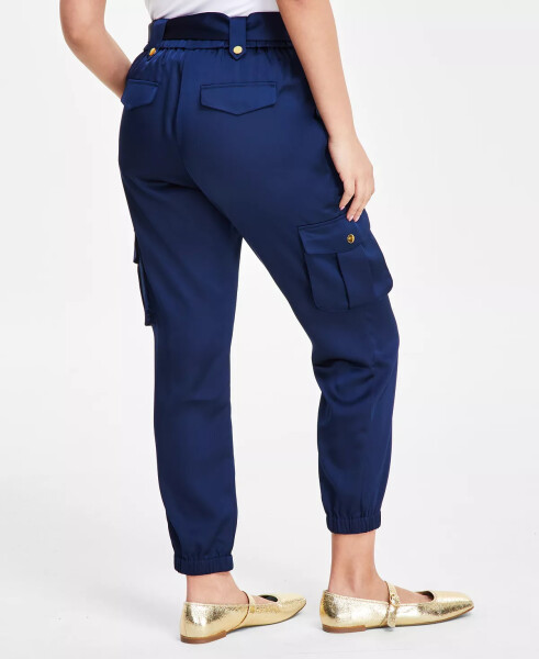 Women's High-Rise Belted Satin Cargo Pants, Regular & Petite, Created for Modazone Indigo Sea - 2