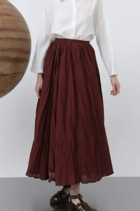 Women's High Waist Back Zippered Wrinkled Wide Leg Vural Skirt - 2