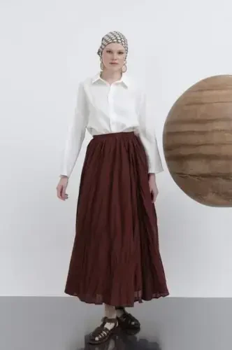 Women's High Waist Back Zippered Wrinkled Wide Leg Vural Skirt - 3