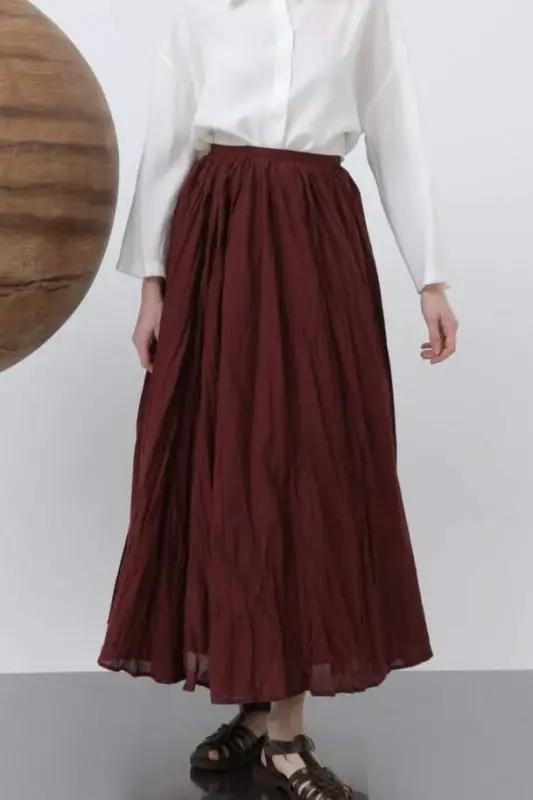Women's High Waist Back Zippered Wrinkled Wide Leg Vural Skirt - 2