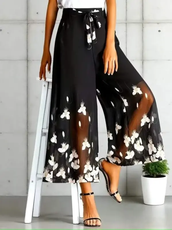 Women's High Waist Belt Detailed Floral Printed Lined Chiffon Pants - 1