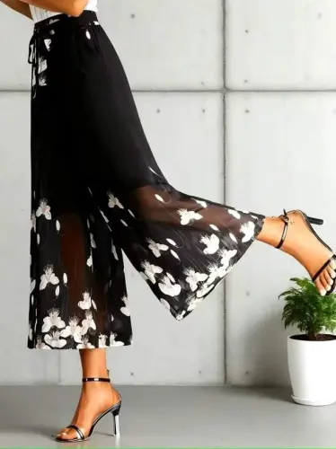 Women's High Waist Belt Detailed Floral Printed Lined Chiffon Pants - 4