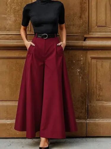 Women's High Waist Belted Double Fabric Palazzo Pants - 1