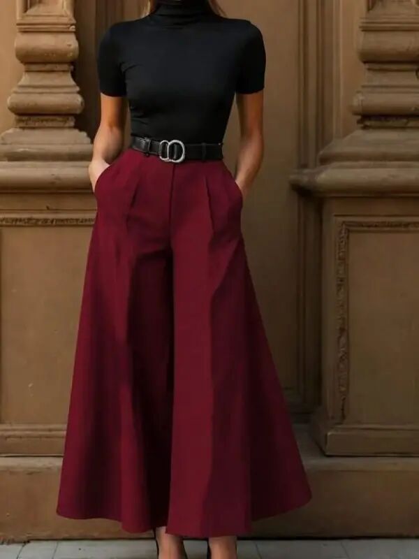 Women's High Waist Belted Double Fabric Palazzo Pants - 4