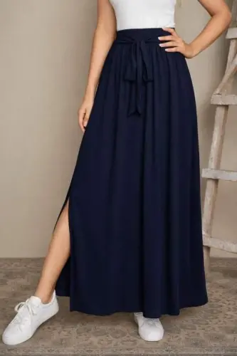 Women's High Waist Belted Side Slit Long Sandy Skirt - 1