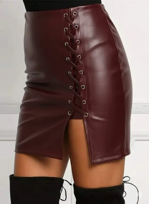 Women's High Waist Criss Cross Tie Up Slit Mini Leather Skirt - 2