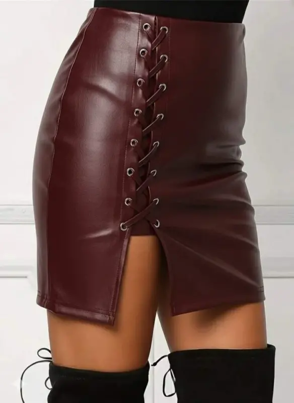 Women's High Waist Criss Cross Tie Up Slit Mini Leather Skirt - 3