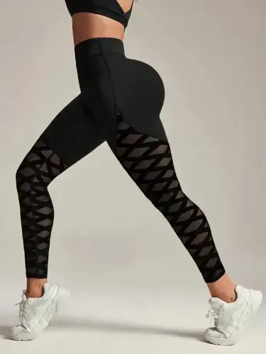 Women's High Waist Crisscross Pattern Tulle Detailed Sports Diver Leggings - BÜYÜKBEDENIZ (1)