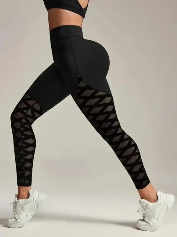 Women's High Waist Crisscross Pattern Tulle Detailed Sports Diver Leggings - 2