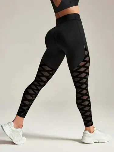 Women's High Waist Crisscross Pattern Tulle Detailed Sports Diver Leggings - 4
