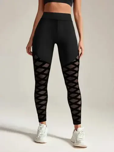 Women's High Waist Crisscross Pattern Tulle Detailed Sports Diver Leggings - 5
